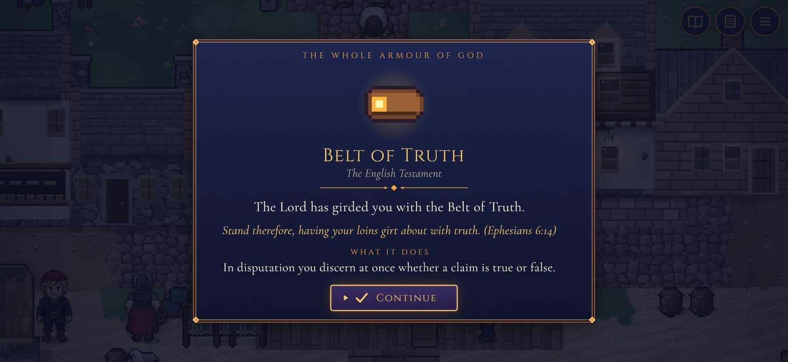 A card titled The Whole Armour of God shows the Belt of Truth, the verse Ephesians 6:14, and what it does in disputation.