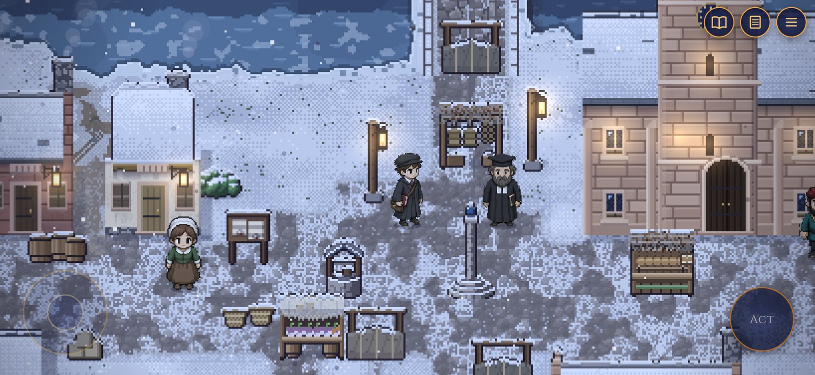A snowy town square in Ayr at dusk. Alasdair meets a bearded minister by the mercat cross, with lit lamps, stalls and a stone tower.