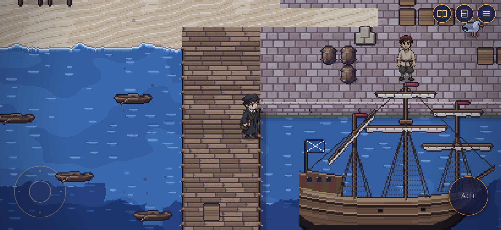 Alasdair walks a wooden pier at Dundee beside a three-masted merchant ship flying the saltire. A seaman stands on the stone quay above. A screenshot, standing in until the trailer is cut.