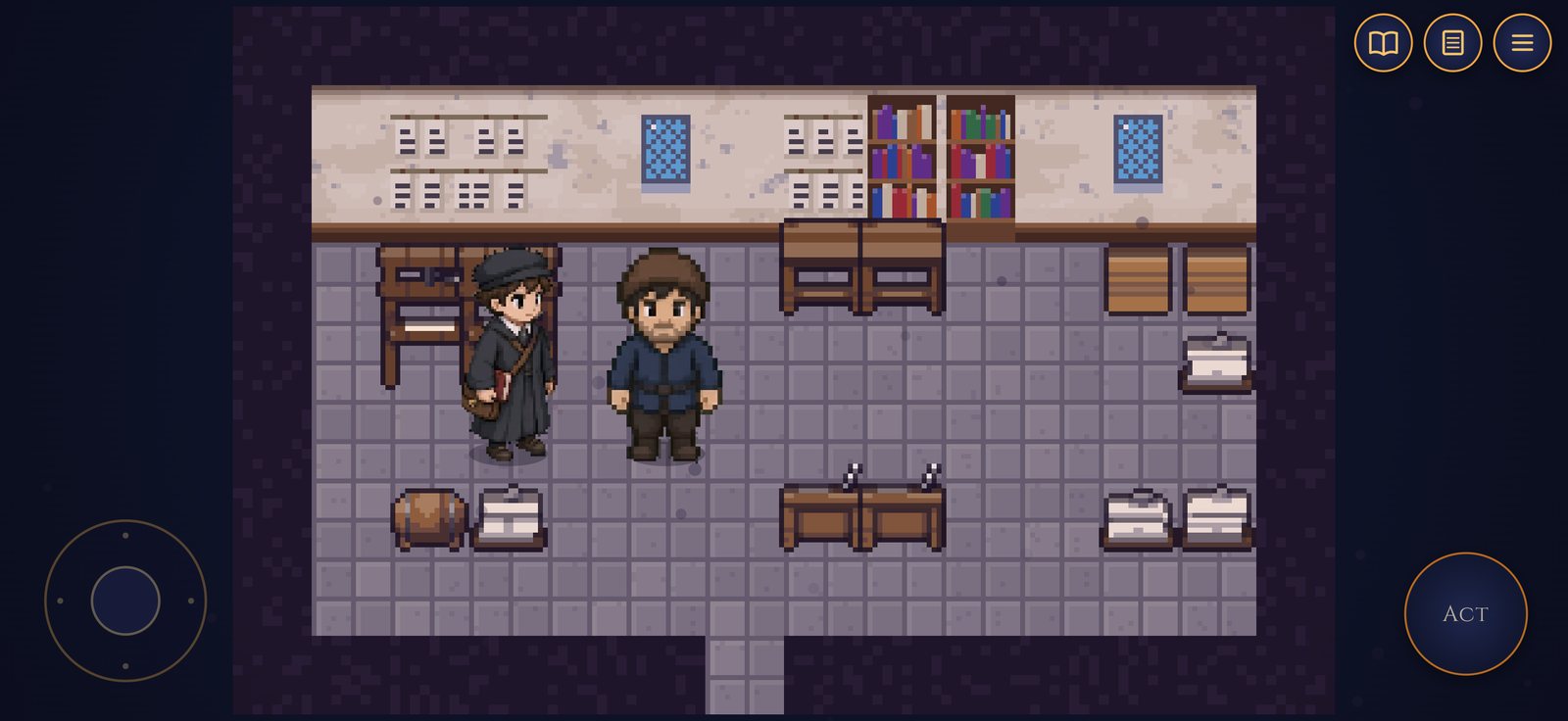 Alasdair, with his satchel, stands beside a bearded man in a printer’s shop with bookshelves, desks and stacks of paper.