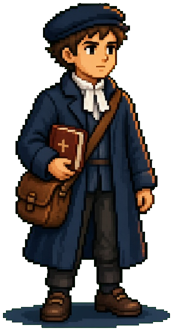 The Scholar, a young man of 1560 in a long coat and flat cap, with a satchel and a Bible
