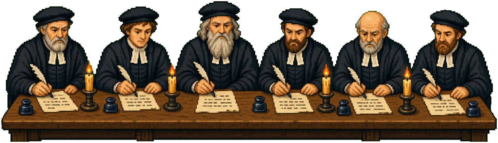 The six Johns writing the Scots Confession at a long table by candlelight
